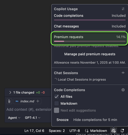 Zrzut ekranu przedstawiający GitHub Copilot requests